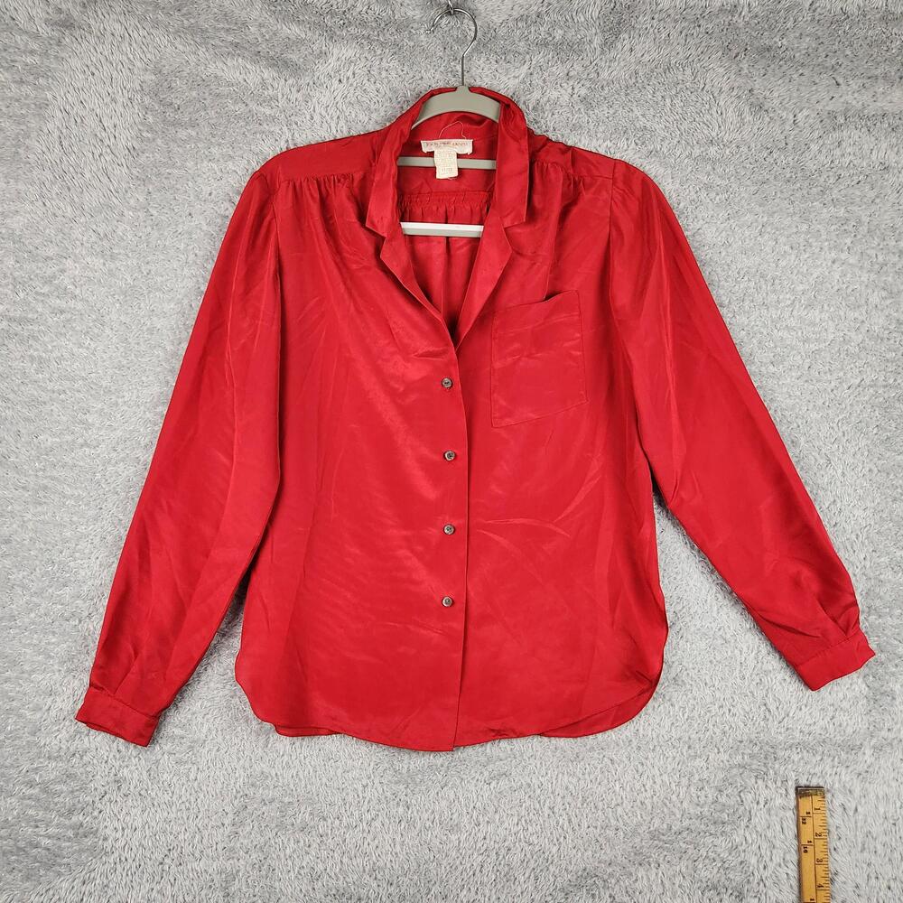 Vintage Jack Mulqueen Blouse Womens 11/12 Red Satin 80s 90s Preppy Office Retro